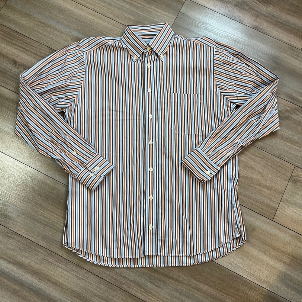 Burberry London Mens Medium Striped Button Down Shirt Blue Brown White Bin O-13